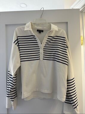 J. Crew White Polo Sweatshirt with Navy Stripes slight spot in buttons.
